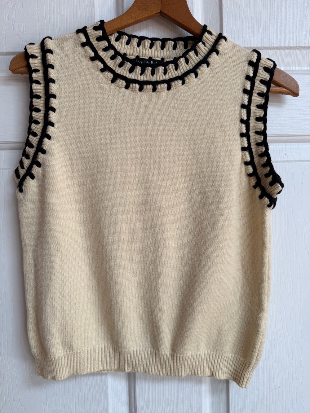 Sleeveless Cream Knit Tank with Black Contrast Stitching